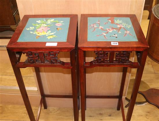 A pair of Chinese hardwood and cloisonne enamel stands H.92cm